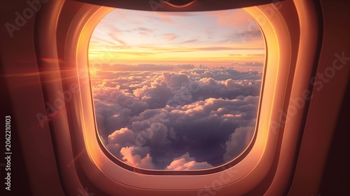Breathtaking golden sunset over fluffy clouds from airplane window. Scenic aerial view during flight.