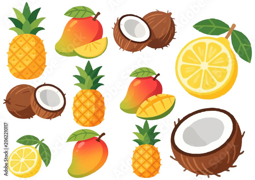 Summer fruit clip art collection with pineapple, mango, coconut, and lemon, vibrant tropical