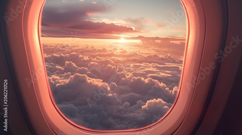 Golden Sunset Sky from Airplane Window Above Fluffy Clouds. Scenic aerial view during flight, serene travel.