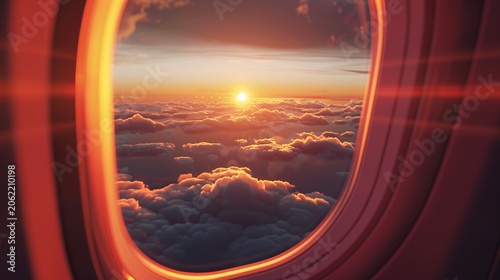 Golden Sunset Over Cloudscape from Airplane Window