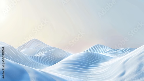Abstract Blue and White Wavy Landscape Background. Serene Undulating Digital Surface with Soft Light.