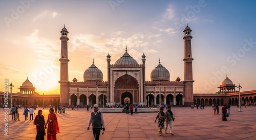 Majestic Mosque Complex Sunlit Courtyard with Visitors
