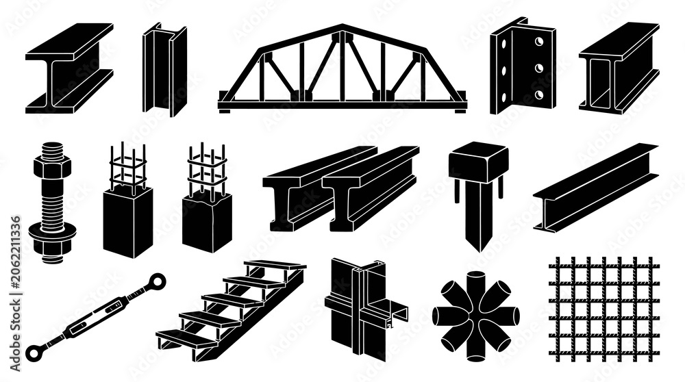 Naklejka premium Construction Engineering Materials Structural Elements Black White Vector Glyphs Set