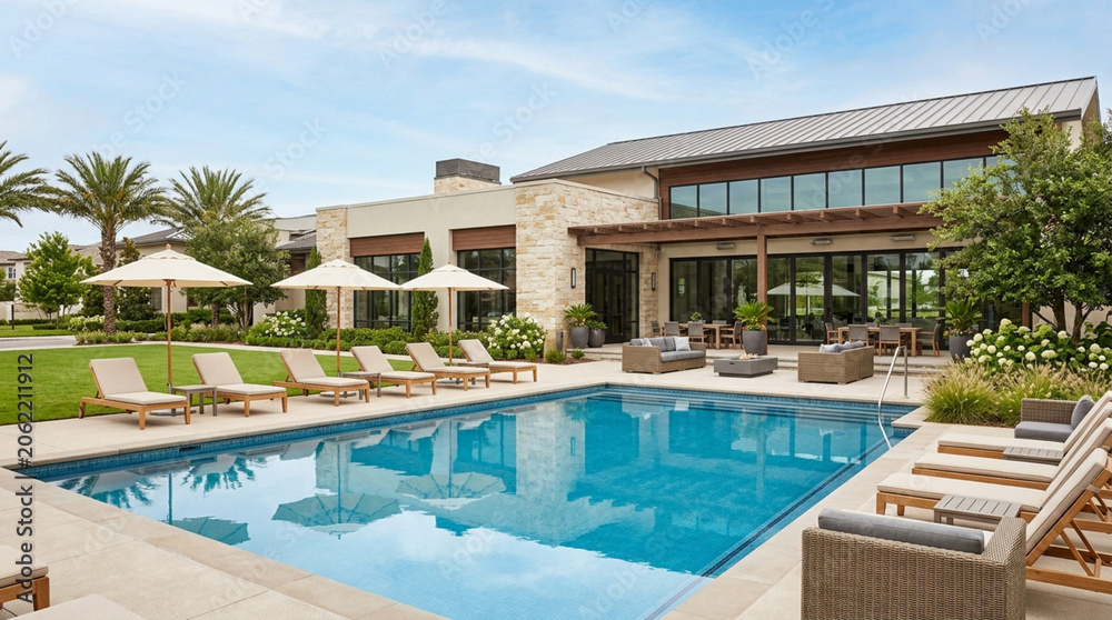 Fototapeta premium Swimming pool area features contemporary stone architecture with rows of sun loungers under white umbrellas in a sunlit resort setting.