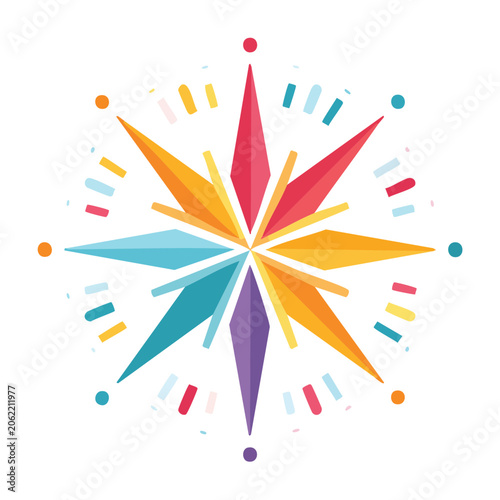 Colorful starburst with confetti on white background