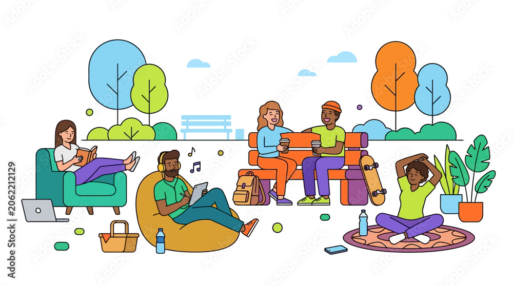 Fototapeta premium People Relaxing in Park Setting.