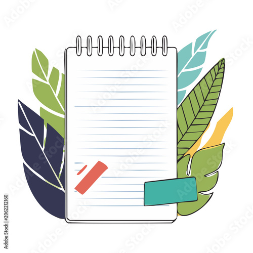 Flat design notebook with pencil and leaf