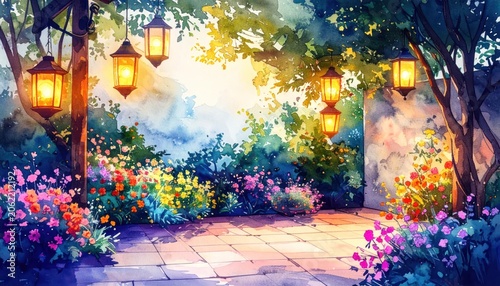 Enchanting night garden path with hanging lanterns and flowers.