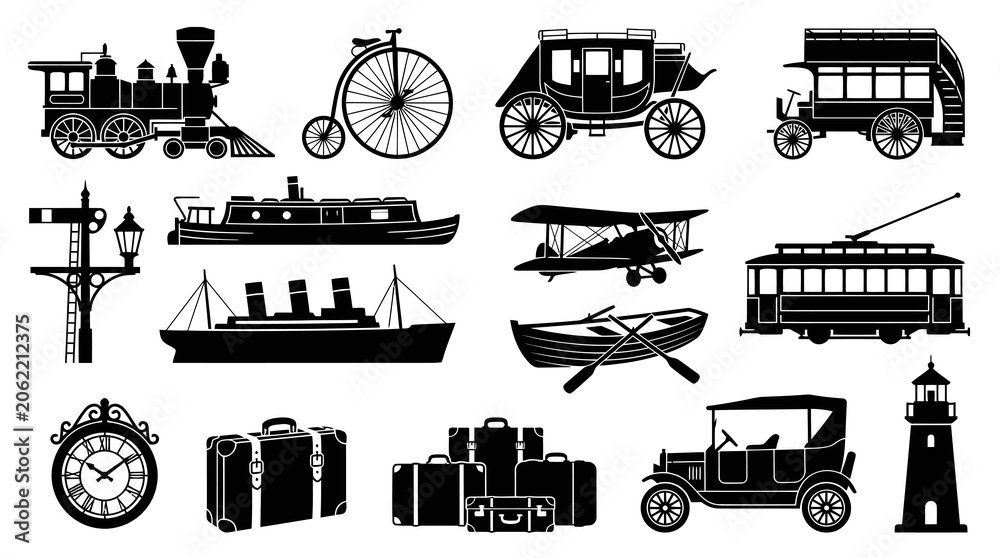 Obraz premium Vintage Transportation and Travel Icons Set. Black and White Silhouettes of Retro Vehicles, Luggage, and Navigation Glyphs.