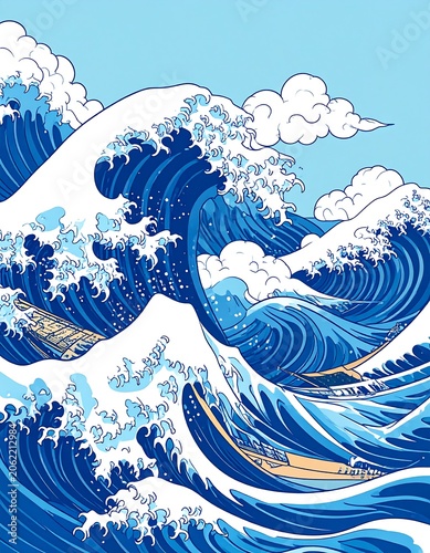 A large wave crashes with white foam under a blue sky