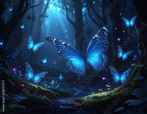 A mystical forest scene features a large, illuminated blue butterfly surrounded by smaller ones, amidst glowing spots and lush greenery