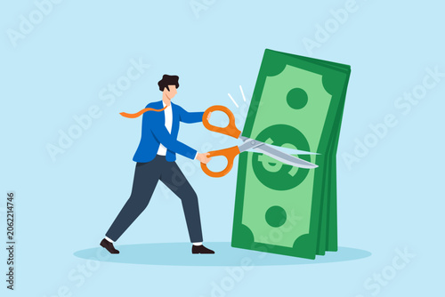 Photos Flat illustration of businessman cutting stack of money with giant scissors symb