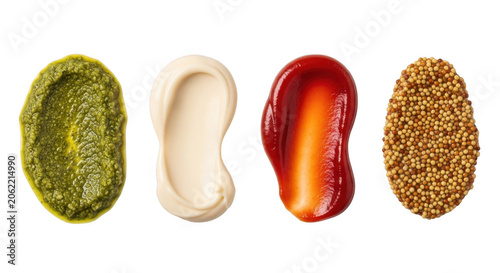 Four different types of sauces and condiments isolated on transparent background