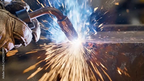 A person's gloved hand holding a welding tool sparks brightly on metal