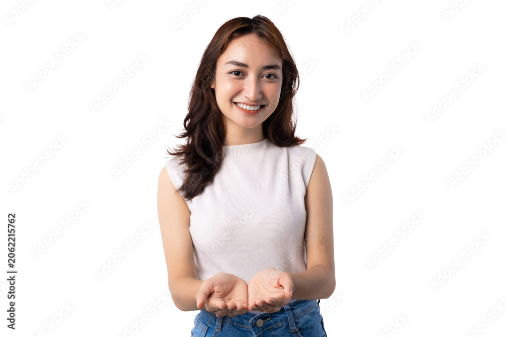 Obraz premium Smiling Young Asian Woman Holding Open Cupped Hands for Giving on Transparent Background