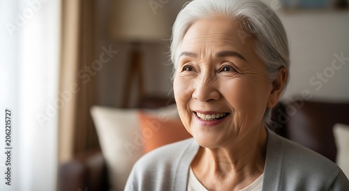 Smiling Elder Woman Portrait in Cozy Living Room