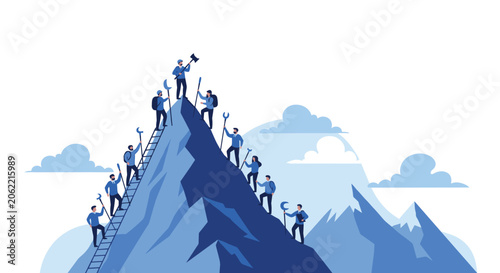 Group of business professionals working together to climb a steep mountain and reach the summit with clouds and peaks in the background.