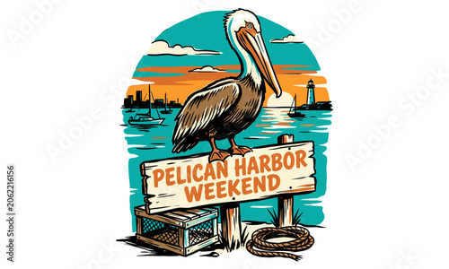 Bild auf Leinwand Vintage nautical pelican perched on wooden harbor sign with sunset coastal backd