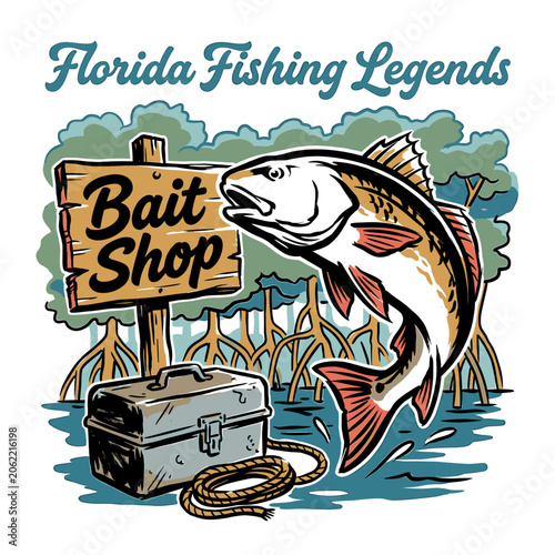 Retro Florida fishing legends graphic with redfish jumping by bait shop sign and mangroves, vintage illustration for t-shirt design and apparel