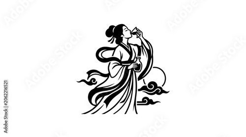 Foto Elegant illustration of a traditional Chinese woman drinking from a small bottle