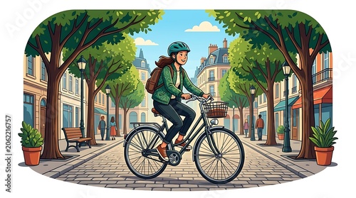 Happy woman riding a bicycle on a sunny cobblestone street