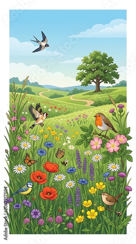 Colorful summer meadow landscape with diverse birds and wildflowers
