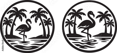 Black and white flamingo standing among palm trees by water Vector