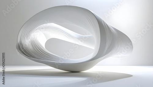Abstract sculpture of smooth, swirling layers, illuminated against a white background