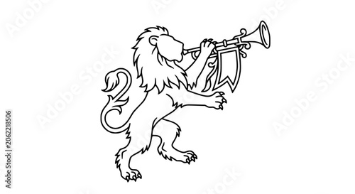 Heraldic Lion Blowing Trumpet with Banners - Emblematic Line Art