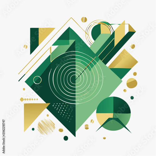 Abstract Geometric Composition with Green and Gold Shapes