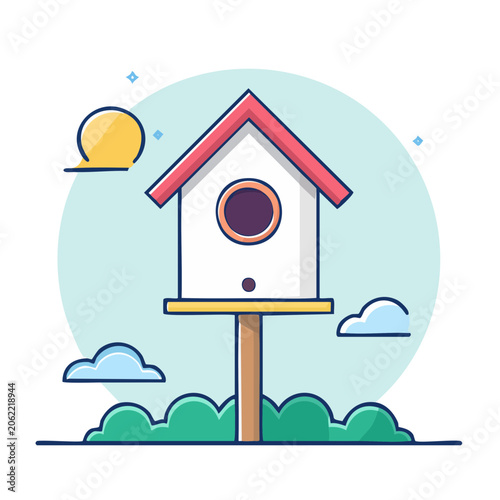 Flat design house with sun and grass