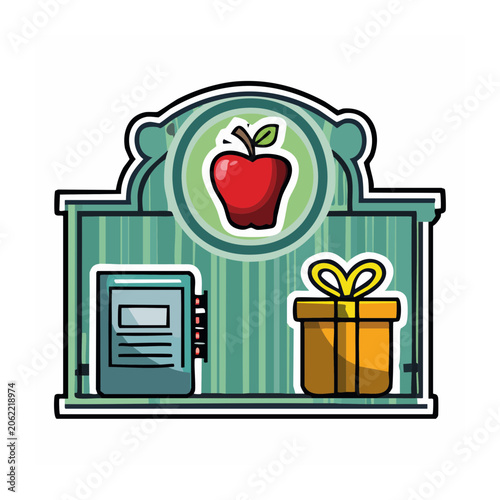 Flat design storefront with apple, notebook, and gift box