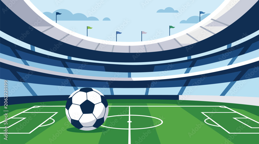 Naklejka premium Soccer field in a professional stadium with football ball in foreground and arena seating under blue sky with clouds flat vector illustration.