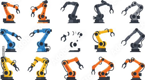 Tablou pe pânză Industrial Robotic Arm Icon Set with Automated Mechanical Claws for Factory Manu