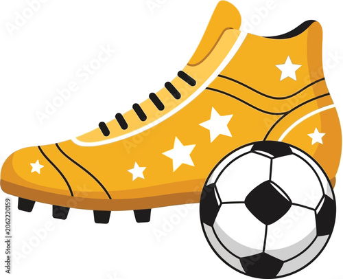 Football shoe illustration featuring golden sneaker with white stars and classic black and white ball isolated on gray checkered background.