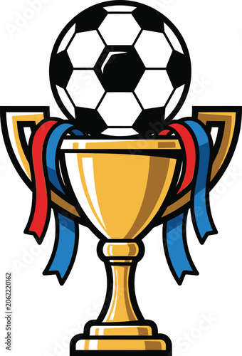 Soccer trophy cup with football and colorful ribbons on transparent background winning championship award for sports competition success.