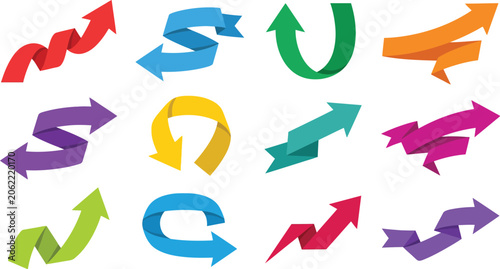 Set of colorful arrow elements for graphic design projects isolated on checkered background featuring different curved and ribbon style shapes.