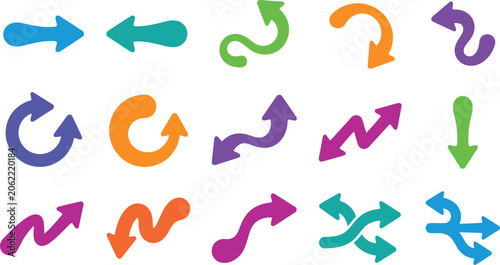 Set of colorful creative arrows in various shapes and directions for web design and infographic elements on transparent background vector.