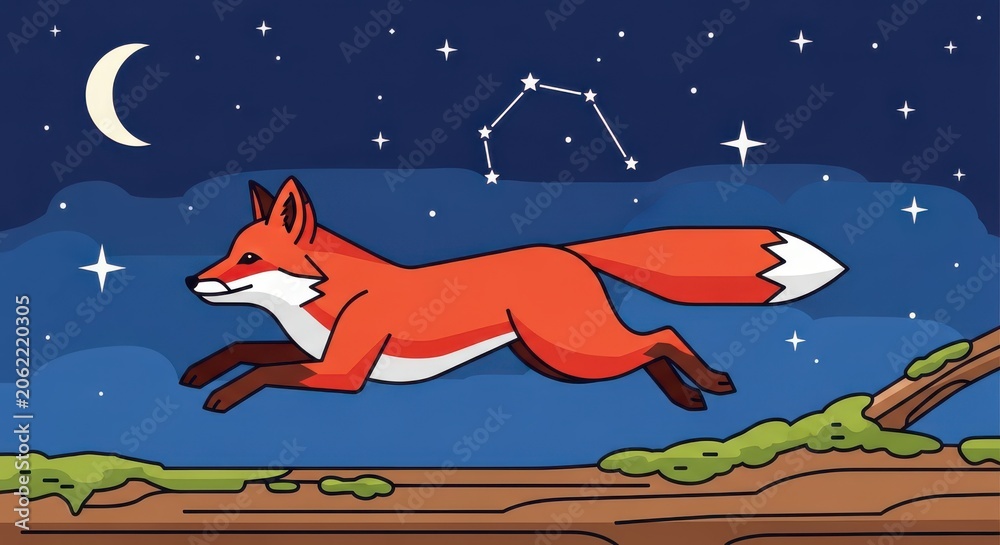 Fototapeta premium Flat Vector Illustration of a Red Fox Jumping Through the Night Sky with Moon and Stars