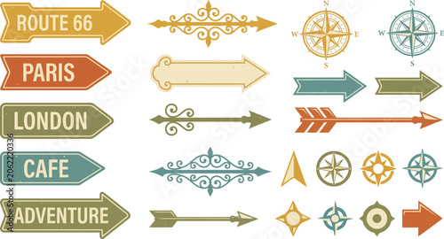Collection of retro travel signs and directional arrows vintage style vector elements.