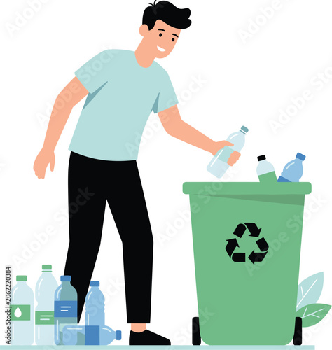 Ecological concept illustration showing man recycling plastic bottles in green waste bin isolated on transparent background for nature care.