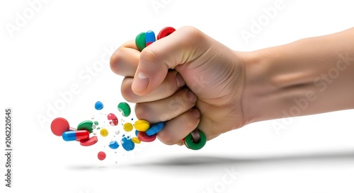 Hand crushing colorful medical pills and capsules representing the struggle against drug addiction and the willpower to regain control over health