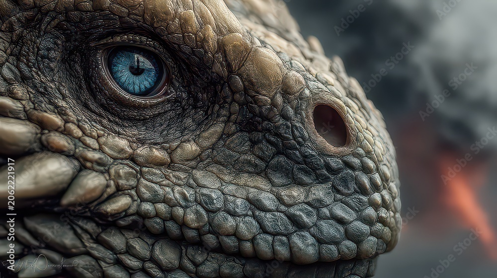 Fototapeta premium Majestic Close-Up of a Fantasy Reptile with Striking Blue Eye