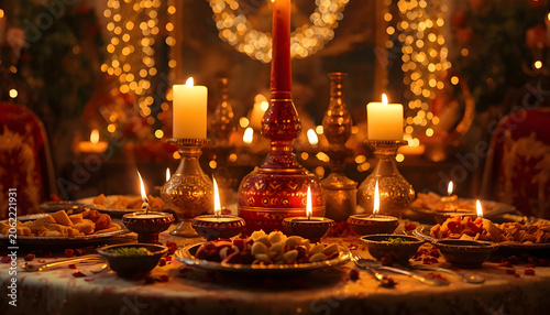 Traditional Diwali Pooja Setup with Deepam, Candles, and Festive Offerings