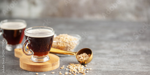 Cup with coffee barley with barley grains. Healthy herbal drink for immunity. Coffee alternatives