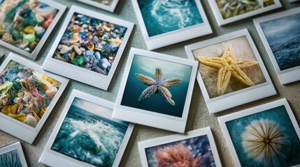 A collection of Polaroid photos showcasing marine life, starfish, ocean waves, and underwater scenes, placed around a real starfish on a textured surface.