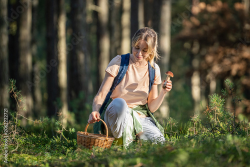 Cheerful relaxed woman forager collecting porcini mushrooms in wicker basket kneeling on ground in forest, happy female hiker holding Boletus edulis mushroom, enjoying seasonal natural food harvesting