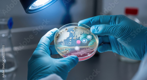 Antimicrobial resistance testing laboratory with petri dish held by gloved hands bright light showing bacterial growth and antibiotic discs