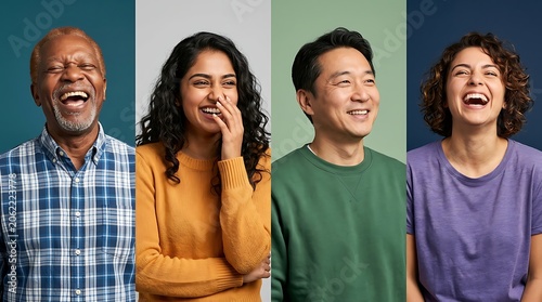 Diverse happy people laughing in a colorful collage portrait