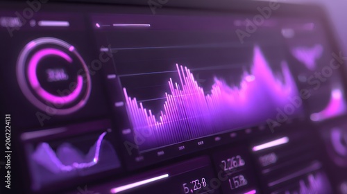Digital interface displays fluctuating financial performance metrics with vibrant purple illumination